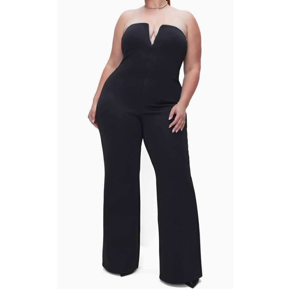 Good American NWT Crystal Scuba Jumpsuit Strapless Wide Leg Black Plus Size 3XL